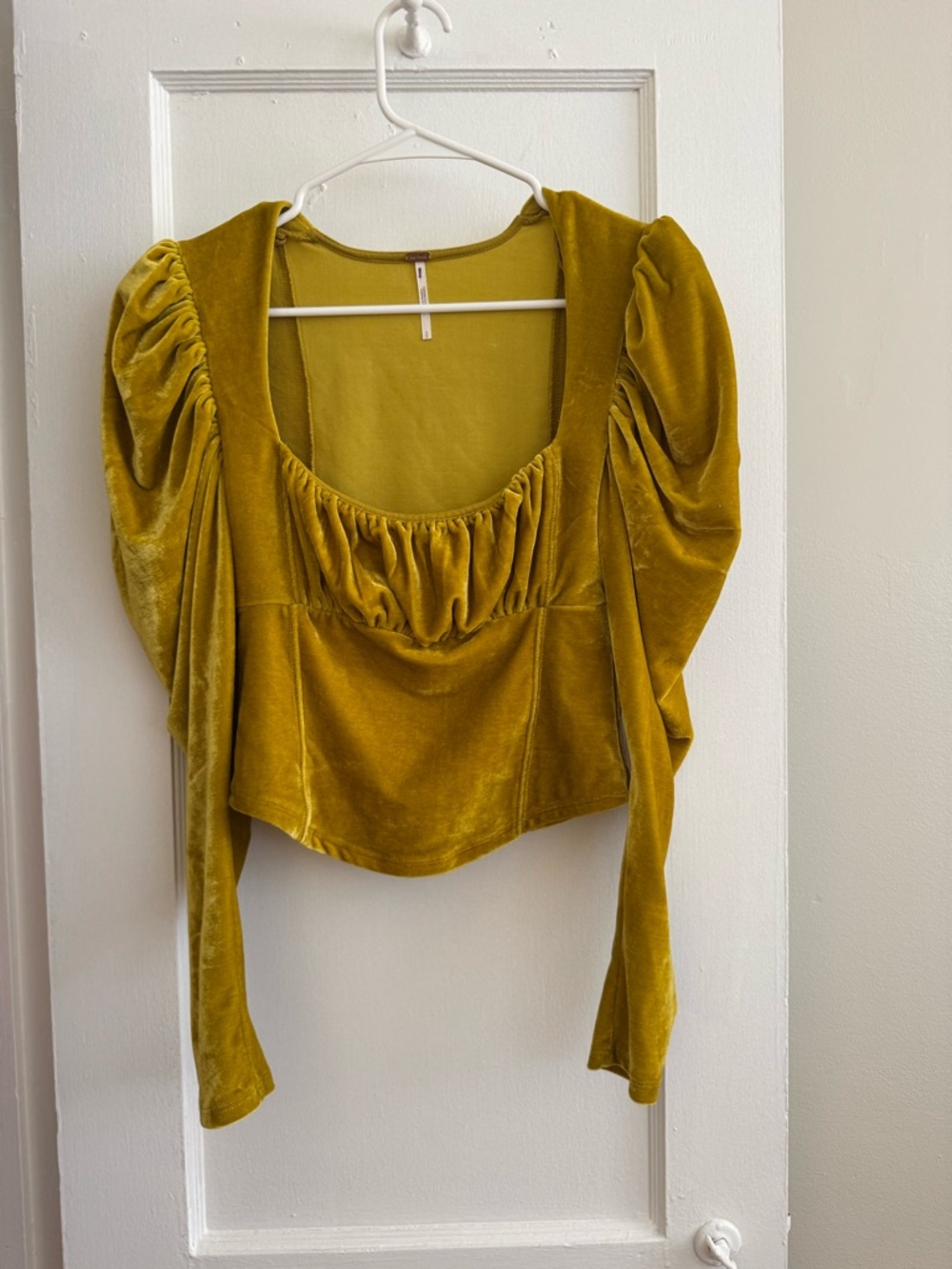 Free People Mustard Velvet Puff-Sleeve Scoop Top
